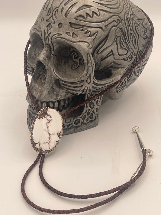 White Buffalo Turquoise Bolo Tie with Gold Wrap and Sterling Silver Mount